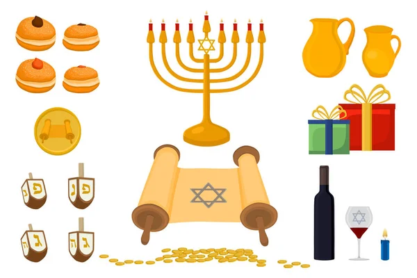 Vector illustration for Hanukkah is big Jewish holiday. Hanukkah pattern consisting of star of David, sufganiyot doughnuts, decoration menorah, clay jug with oil. Happy celebration of jewish hanukkah