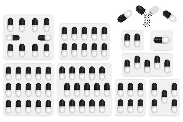 Ilustrace Téma Velké Barevné Sady Různých Typů Pilulek Uvnitř Těsné — Stockový vektor
