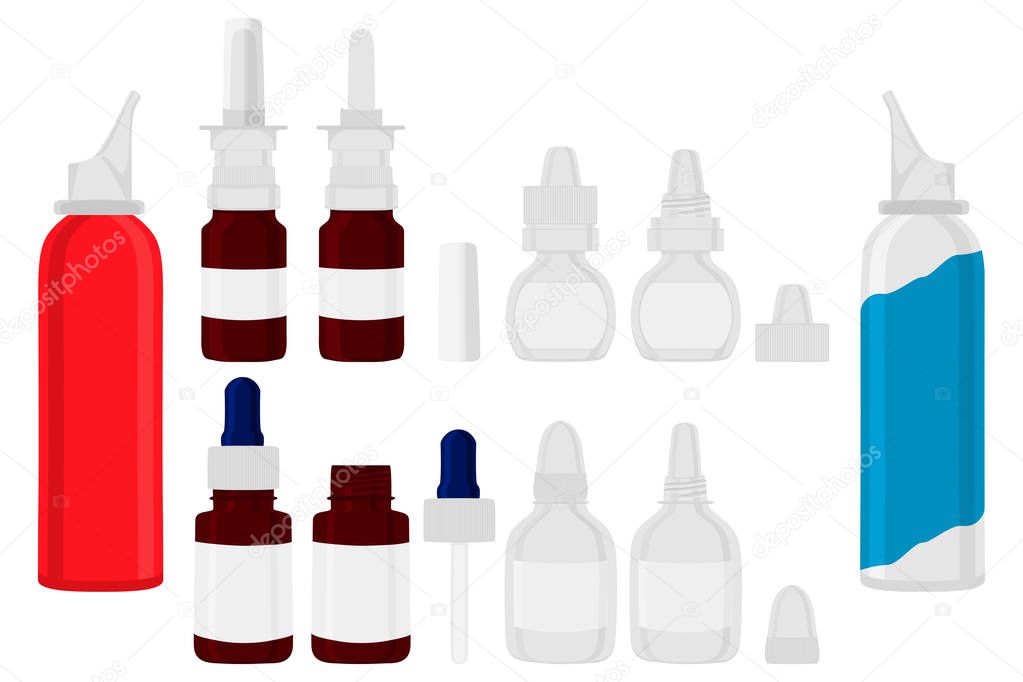 Illustration on theme big colored set different types of sprayers, pipette for hospital. Sprayer consisting of collection accessory from rubberized pipettes. Main medicine symbol is pipette in sprayer