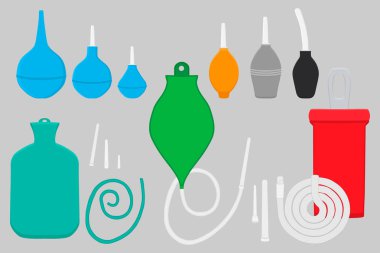 Illustration on theme big colored set different types enemas of different size for hospital. Enema pattern consisting from collection quality control hospital. Rubber enema in hospital to analysis. clipart