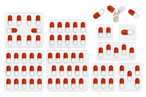 Illusztráció Téma Nagy Színes Készlet Különböző Típusú Tabletták Belsejében Szoros — Stock Vector