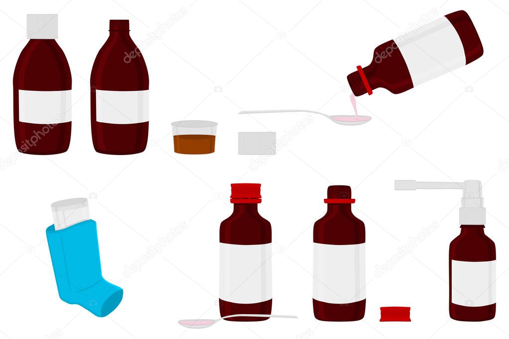Illustration on theme big colored set different types of sprayers in vial, syrup for hospital. Sprayer pattern consisting of collection accessory tasty syrups. Main medicine symbol is syrup in sprayer