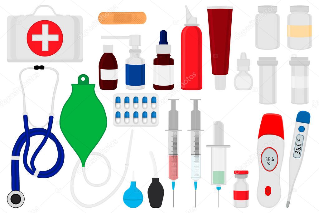 Illustration icon on theme big colored set different types medication of different size for pharmacy. Medication consisting of collection accessory of pharmacy. Pharmacy medication to analysis disease