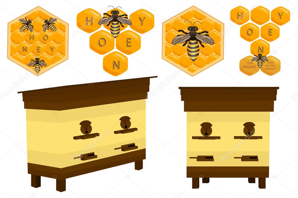 Illustration on theme big colored set different types honey different size for bees on honeycombs. Honey pattern consisting of collection accessory from bee in honeycomb. Bees live to honey honeycomb