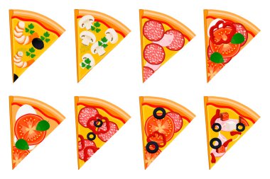 Bütün yuvarlak sıcak pizza, dilim üçgen pizzacı menüsünden için vektör çizim logo. Ahşap masa, kara tahta pizzacı, gıda kutusunda için malzemeler pizzaya. Lezzetli İtalyan pizza pizzacı.