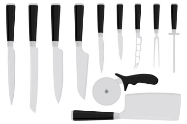 İllüstrasyon renkli tema büyük farklı türleri için Kasap bıçakları farklı boyutunu ayarlayın. Bıçak desen koleksiyonu aksesuarı mutfakta kasap oluşan. Yemek için mutfak bıçakları ile kasap.