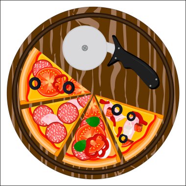 Bütün yuvarlak sıcak pizza, dilim üçgen pizzacı menüsünden için vektör çizim logo. Ahşap masa, kara tahta pizzacı, gıda kutusunda için malzemeler pizzaya. Lezzetli İtalyan pizza pizzacı.