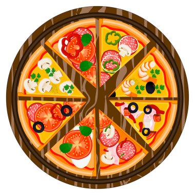 Bütün yuvarlak sıcak pizza, dilim üçgen pizzacı menüsünden için vektör çizim logo. Ahşap masa, kara tahta pizzacı, gıda kutusunda için malzemeler pizzaya. Lezzetli İtalyan pizza pizzacı.