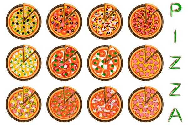 Bütün yuvarlak sıcak pizza, dilim üçgen pizzacı menüsünden için vektör çizim logo. Ahşap masa, kara tahta pizzacı, gıda kutusunda için malzemeler pizzaya. Lezzetli İtalyan pizza pizzacı.