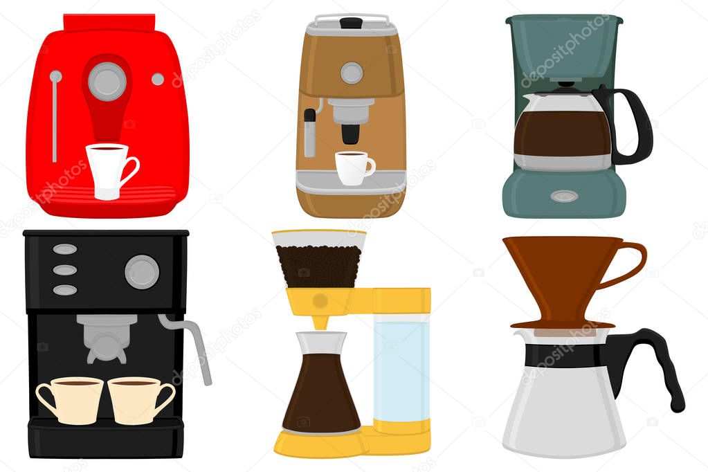 Illustration on theme big colored set different types coffee machine, different size makers. Coffee machine pattern consisting of collection accessory to maker. Maker, coffee machine for fresh coffee.
