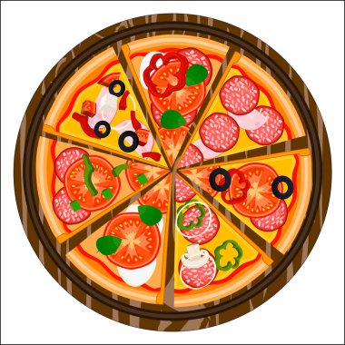 Bütün yuvarlak sıcak pizza, dilim üçgen pizzacı menüsünden için vektör çizim logo. Ahşap masa, kara tahta pizzacı, gıda kutusunda için malzemeler pizzaya. Lezzetli İtalyan pizza pizzacı.