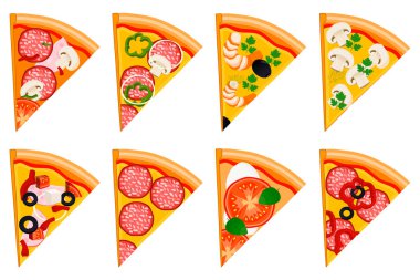 Bütün yuvarlak sıcak pizza, dilim üçgen pizzacı menüsünden için vektör çizim logo. Ahşap masa, kara tahta pizzacı, gıda kutusunda için malzemeler pizzaya. Lezzetli İtalyan pizza pizzacı.