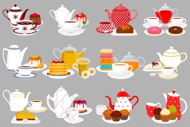 Resimde Tema büyük renkli set farklı türleri çaydanlıklar, farklı boyut kaynar su üzerinde. Çaydanlık desen koleksiyonu aksesuar mutfak su ısıtıcısı için oluşan. Taze çay çaydanlık mutfak su ısıtıcısı