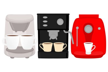 İllüstrasyon renkli tema büyük kahve makine, farklı boyut makineleri farklı türleri ayarlayın. Kahve makinesi desen koleksiyonu aksesuarı Maker oluşan. Taze kahve makinesi, kahve makinesi.