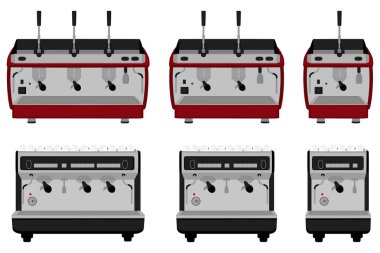 İllüstrasyon renkli tema büyük kahve makine, farklı boyut makineleri farklı türleri ayarlayın. Kahve makinesi desen koleksiyonu aksesuarı Maker oluşan. Taze kahve makinesi, kahve makinesi.