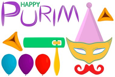 Resimde Tema büyük renkli set farklı balonlar, Yahudi Purim için maske türleri. İsrail olay Purim koleksiyonu aksesuar balon oluşan, maske. Maske Purim, Bebek için balon Yahudilik tatil