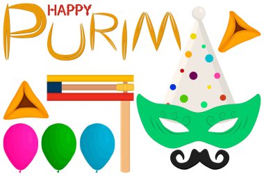 Resimde Tema büyük renkli set farklı balonlar, Yahudi Purim için maske türleri. İsrail olay Purim koleksiyonu aksesuar balon oluşan, maske. Maske Purim, Bebek için balon Yahudilik tatil