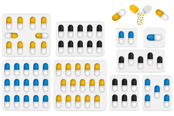 テーマ大きな色セット種類近くにブリスター内部の錠剤のイラスト パターンのコレクションから成る品質管理と水ぶくれが生じる 治療薬パラセタ モールからプラスチック製のブリスター — ストックベクタ