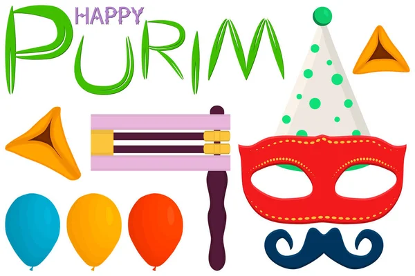 Resimde Tema büyük renkli set farklı balonlar, Yahudi Purim için maske türleri. İsrail olay Purim koleksiyonu aksesuar balon oluşan, maske. Maske Purim, Bebek için balon Yahudilik tatil