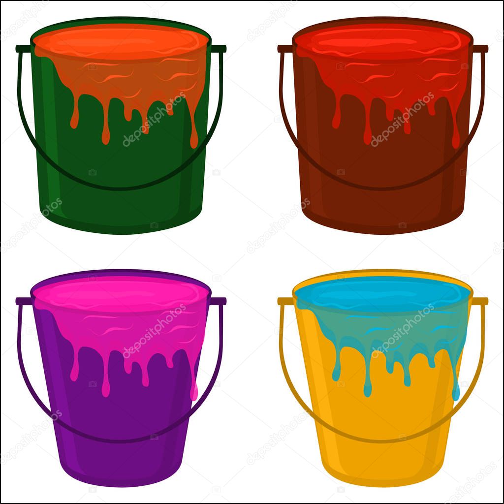 Illustration on theme big colored set different types plastic buckets, various size pails paint. Bucket consisting of collection accessory to paint from pail at wall. Pail by paint as bucket for water
