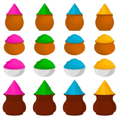 Set farklı renkli kaseler, toz Holi için renkli resimde Tema büyük. Holi Festivali için aksesuar toz toplama oluşan kase desen. Toz bayram kutlamak tatil için kase olarak.