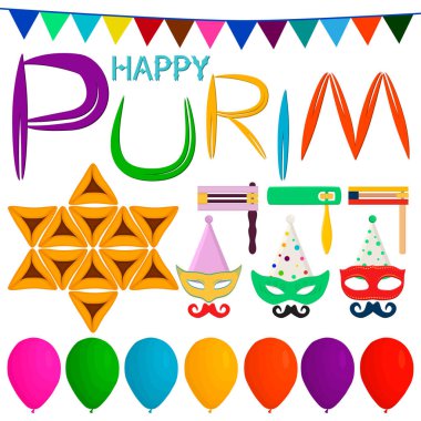 Resimde Tema büyük renkli set farklı balonlar, Yahudi Purim için maske türleri. İsrail olay Purim koleksiyonu aksesuar balon oluşan, maske. Maske Purim, Bebek için balon Yahudilik tatil