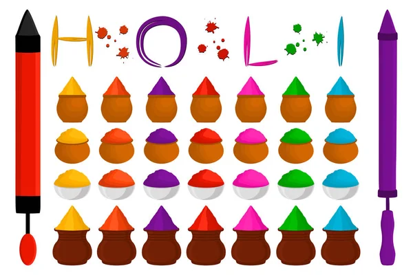 Illusztráció Téma Nagy Színes Készlet Különböző Színes Edények Por Holi — Stock Vector