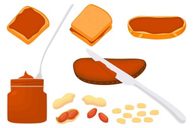 Tema büyük resimde çeşitli boyut ekmek set farklı türleri fıstık ezmesi, renkli. Fıstık ezmesi desen koleksiyonu aksesuar güzel güzel yemek ekmek oluşan. Lezzetli ekmek fıstık ezmesi.