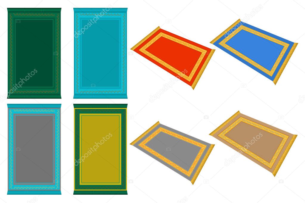Illustration on theme big colored set different types of prayer rugs, mats retro style. Mat pattern consisting of collection accessory beautiful rug to prayer. Vintage rug is symbol mat for prayer.