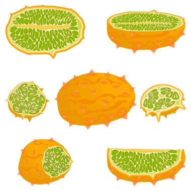 Resimde Tema büyük set farklı türleri Afrika kiwano, yeşil kök, çeşitli boyut kavun. Kiwano desen koleksiyonu yemek kavun organik içecekler için oluşan. Menü berry kiwano nefis karpuz olduğunu.