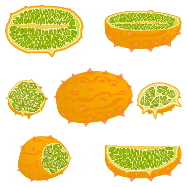 Resimde Tema büyük set farklı türleri Afrika kiwano, yeşil kök, çeşitli boyut kavun. Kiwano desen koleksiyonu yemek kavun organik içecekler için oluşan. Menü berry kiwano nefis karpuz olduğunu.