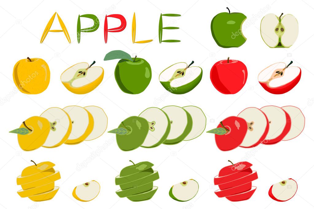 Illustration on theme big set different types round apples