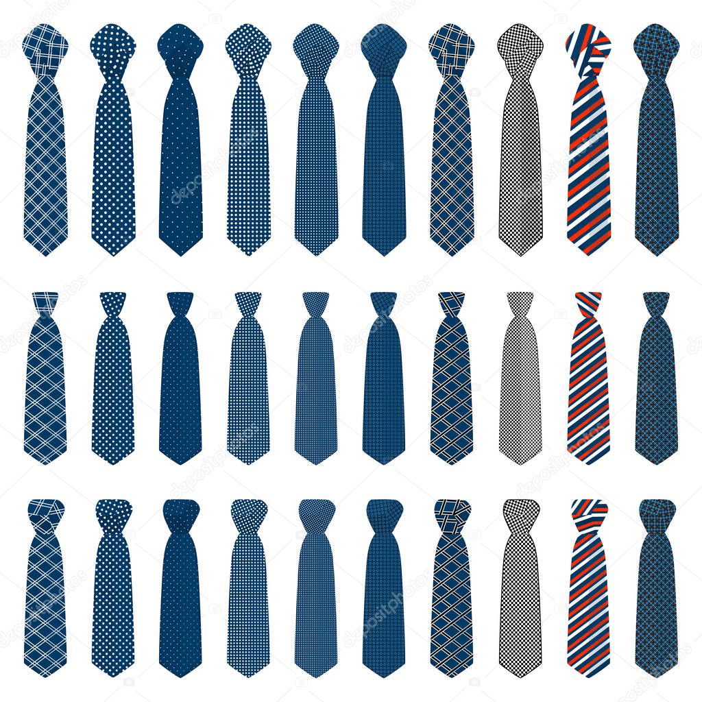 Illustration on theme big set ties different types, neckties various size. Tie pattern consisting of collection textile garments necktie for celebration vacation. Necktie tie is accessory brutal man.