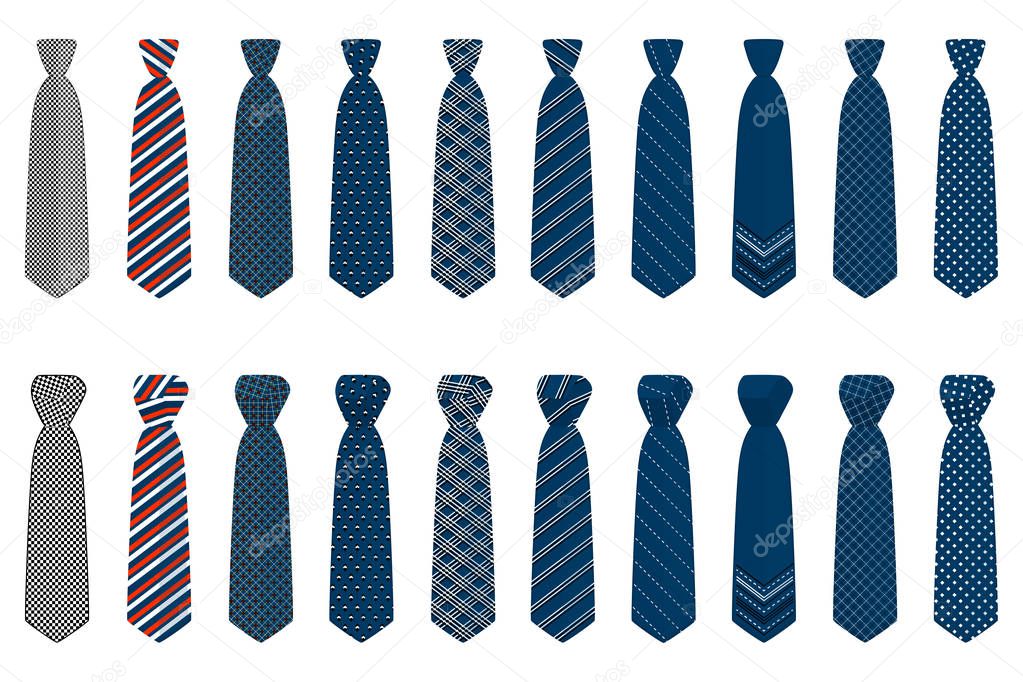 Illustration on theme big set ties different types, neckties various size. Tie pattern consisting of collection textile garments necktie for celebration vacation. Necktie tie is accessory brutal man.