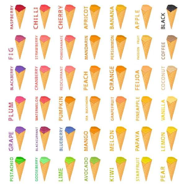 Grand ensemble coloré différents types de crème glacée naturelle — Image vectorielle