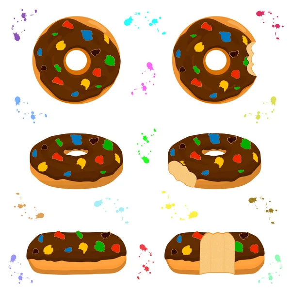 Ilustración sobre tema conjunto grande diferentes tipos de rosquillas pegajosas — Archivo Imágenes Vectoriales