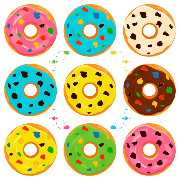 Illustration on theme big set different types sticky donuts — Stock Vector
