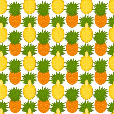 Tema üzerine resim büyük renkli dikişsiz ananas, fok balığı için parlak meyve deseni. Güzel, pürüzsüz, tekrarlayan ananasla oluşan meyve deseni. Basit renkli desenli, dikişsiz ananas..