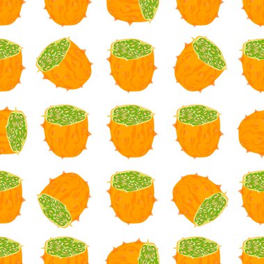Tema üzerine resim büyük renkli dikişsiz kiwano, fok balığı için parlak meyve deseni. Güzel, pürüzsüz, tekrarlayan kiwano 'dan oluşan meyve deseni. Kusursuz yumuşak kiwanodan basit renkli desenli meyve.
