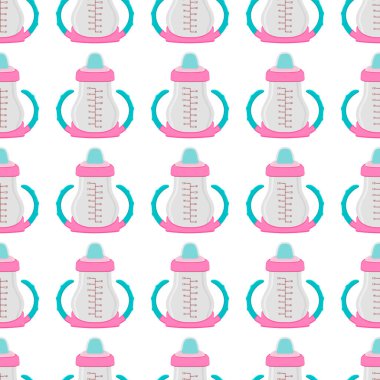 Renkli bebek sütü ve plastik emzik üzerine bir resim. Bebek sütü şişesi, yeni doğan bebeklere tahsilat yapmak için iyi bir emzik. Süt şişesinde emzik, bebek bakım ekipmanı..