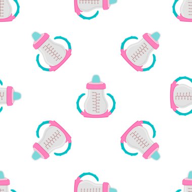 Renkli bebek sütü ve plastik emzik üzerine bir resim. Bebek sütü şişesi, yeni doğan bebeklere tahsilat yapmak için iyi bir emzik. Süt şişesinde emzik, bebek bakım ekipmanı..