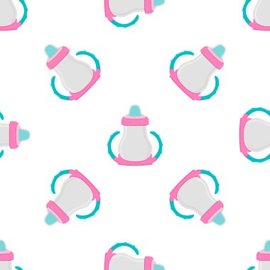 Renkli bebek sütü ve plastik emzik üzerine bir resim. Bebek sütü şişesi, yeni doğan bebeklere tahsilat yapmak için iyi bir emzik. Süt şişesinde emzik, bebek bakım ekipmanı..