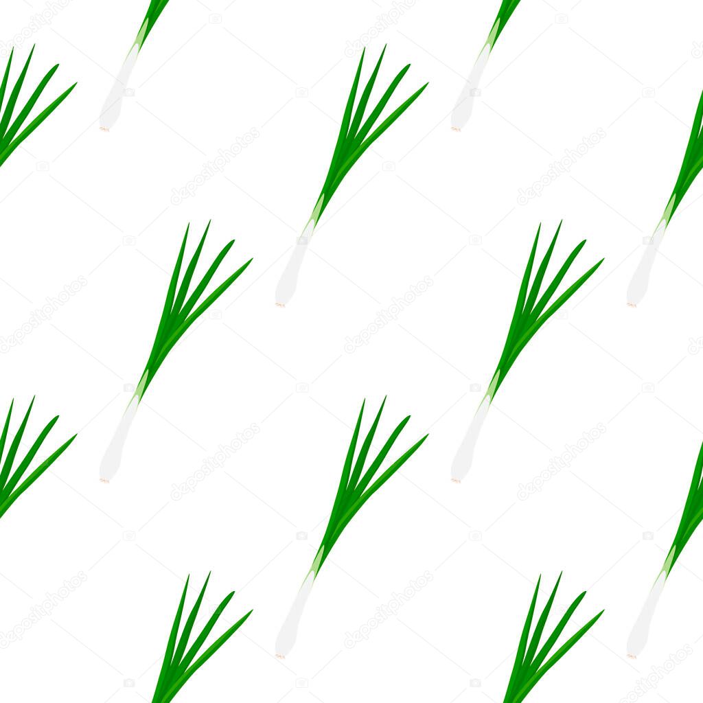 Illustration on theme of bright pattern green onion, vegetable root for seal. Vegetable pattern consisting of beautiful green onion, many root. Simple colorful vegetable pattern from root green onion.