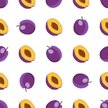 Tema üzerine resim büyük, renksiz mor erik, fok balığı için parlak meyve deseni. Güzel, pürüzsüz tekrar eden eriklerden oluşan meyve deseni. Pürüzsüz eriğin basit renkli desenli meyvesi.