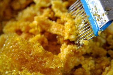 Altın nektarla doldurulmuş altıgen bal peteklerinden bir damla bal damlıyor. Bal peteği yaz kompozisyonu. Doğal bal damlası, balmumu çerçeveli arı damlası. Bal damlası bal damlatıyor bal peteğine.