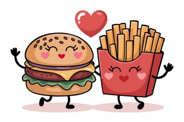 Mutlu burger ve patates kızartması birbirine aşık bir çift.