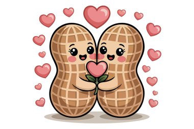 Kalplere Aşık Tatlı Fıstık Çifti Romantik Çizgi Film Vektör İllüstrasyonu