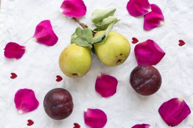 İki olgun armut, iki sulu eriğin yanında zarif pembe gül yapraklarıyla çevrili. Sahneye biraz zarafet katıyor.