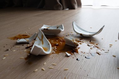 Kırık tabakları ve yere dökülen sosu gösteren bir sahne, bir kaza anını yakalıyor..