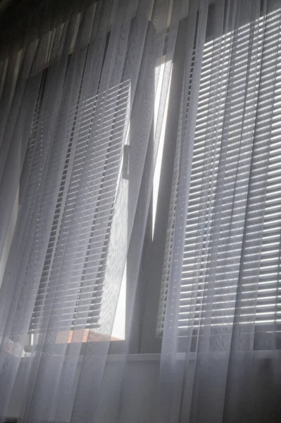Soft, warm light gently filters through delicate curtains and blinds, creating a tranquil and inviting indoor ambiance